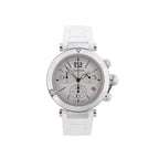 Cartier Pasha Seatimer watch with silver dial, stainless steel case, chronograph subdials and white rubber strap.