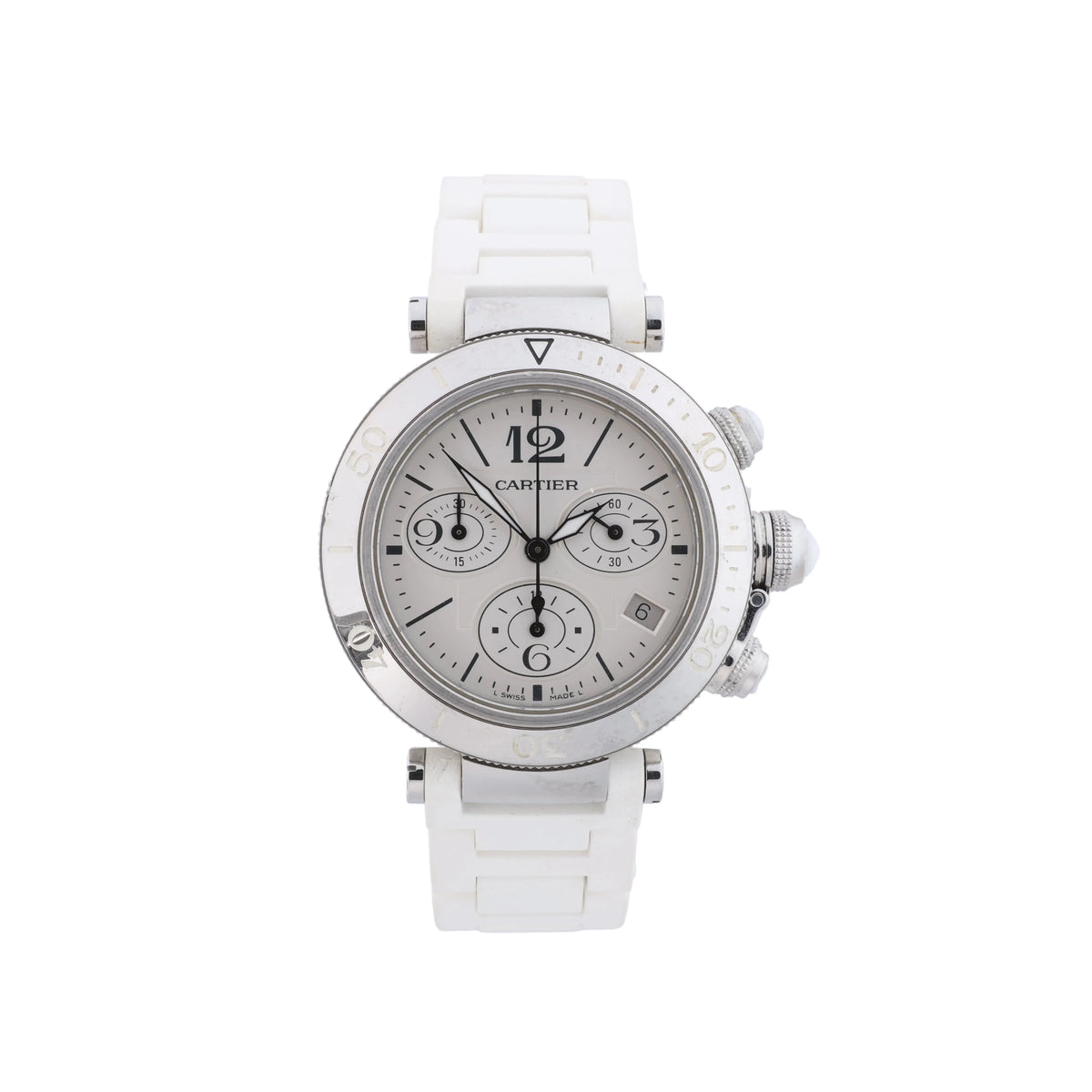 Cartier Pasha Seatimer watch with silver dial, stainless steel case, chronograph subdials and white rubber strap.