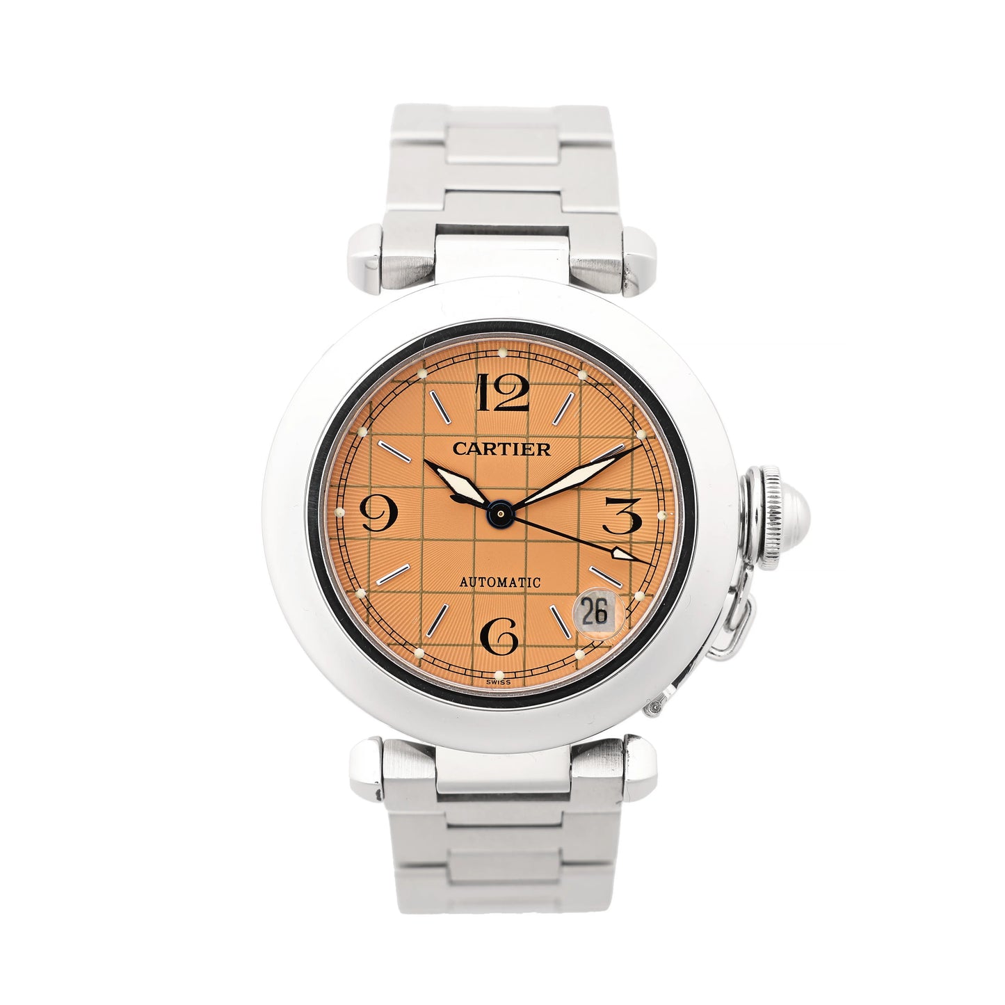 Cartier Pasha W31024M7 stainless steel automatic watch featuring a round case, orange guilloché-pattern dial with black Arabic numerals, silver hands, date window at 4 o’clock, and stainless steel bracelet, displayed on a white background.