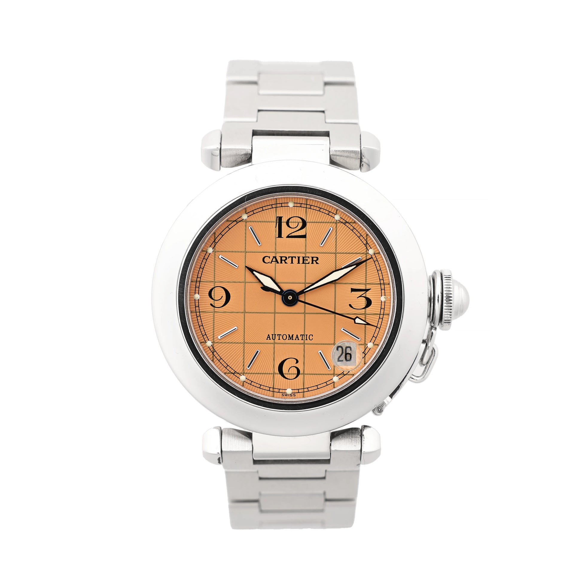 Cartier Pasha W31024M7 stainless steel automatic watch featuring a round case, orange guilloché-pattern dial with black Arabic numerals, silver hands, date window at 4 o’clock, and stainless steel bracelet, displayed on a white background.