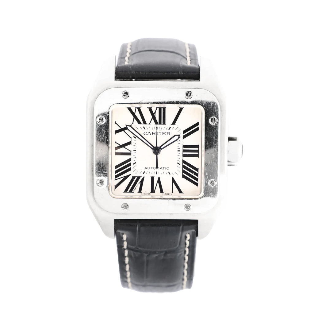 Front view of Cartier Santos 100 watch with stainless-steel square case and visible screws, white dial with black Roman numerals, and black leather strap with contrast stitching.