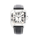 Front view of Cartier Santos 100 watch with stainless-steel square case and visible screws, white dial with black Roman numerals, and black leather strap with contrast stitching.