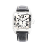 Front view of Cartier Santos 100 watch with stainless-steel square case and visible screws, white dial with black Roman numerals, and black leather strap with contrast stitching.