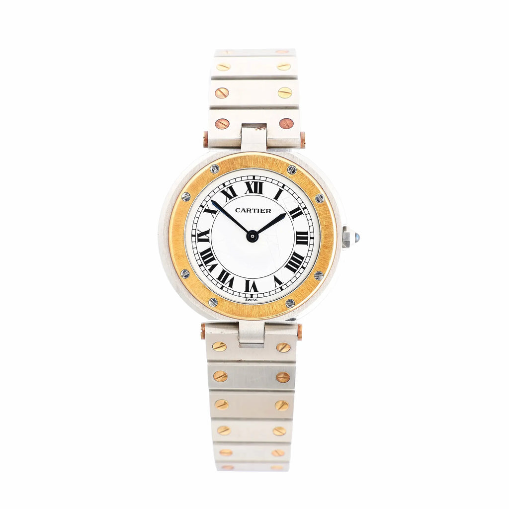 Cartier Santos two-tone stainless steel and yellow gold watch with white Roman numeral dial, gold bezel with screws, and two-tone bracelet