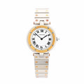 Cartier Santos two-tone stainless steel and yellow gold watch with white Roman numeral dial, gold bezel with screws, and two-tone bracelet