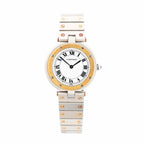 Cartier Santos two-tone stainless steel and yellow gold watch with white Roman numeral dial, gold bezel with screws, and two-tone bracelet