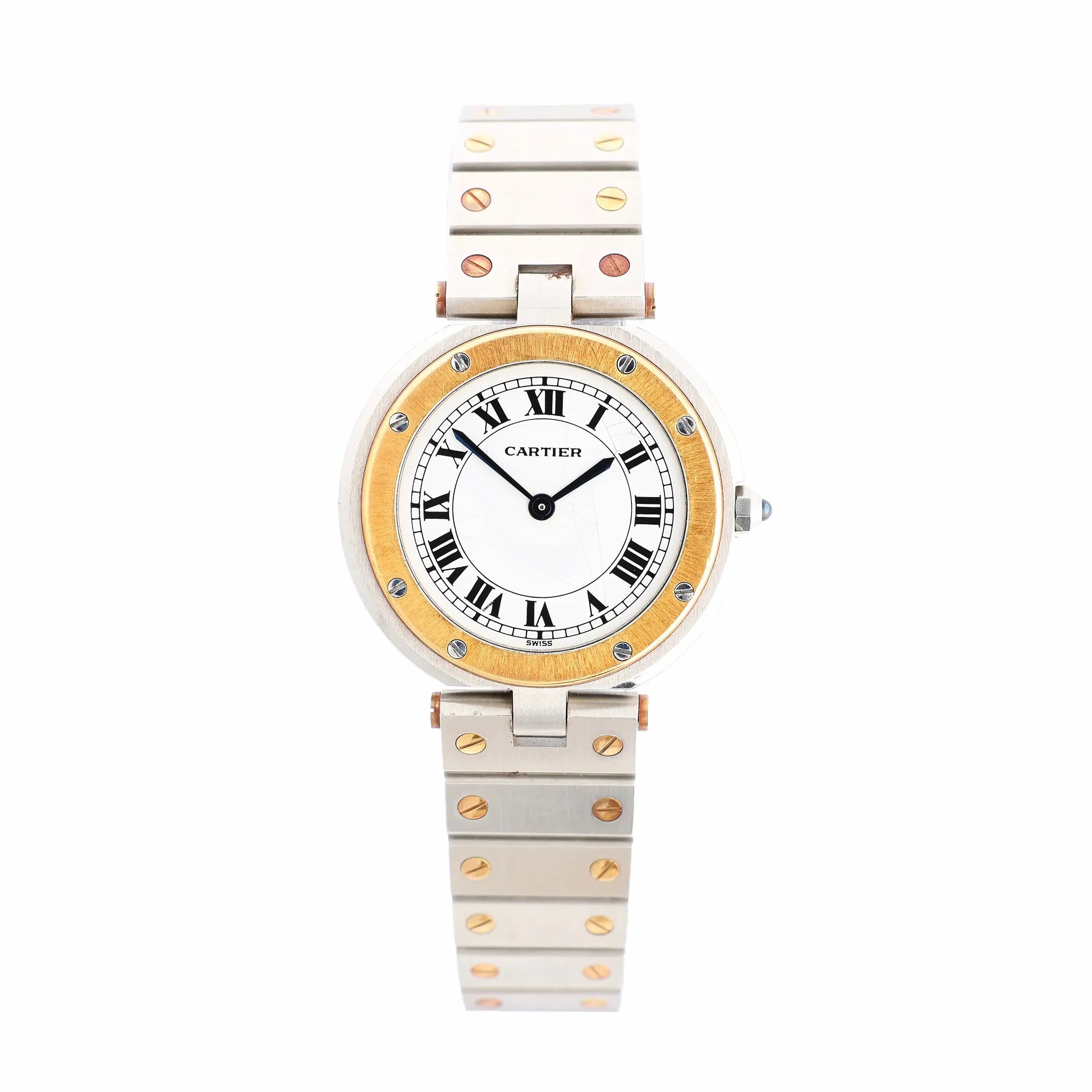 Cartier Santos two-tone stainless steel and yellow gold watch with white Roman numeral dial, gold bezel with screws, and two-tone bracelet