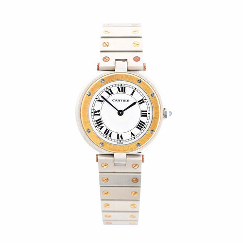 Cartier Santos two-tone stainless steel and yellow gold watch with white Roman numeral dial, gold bezel with screws, and two-tone bracelet