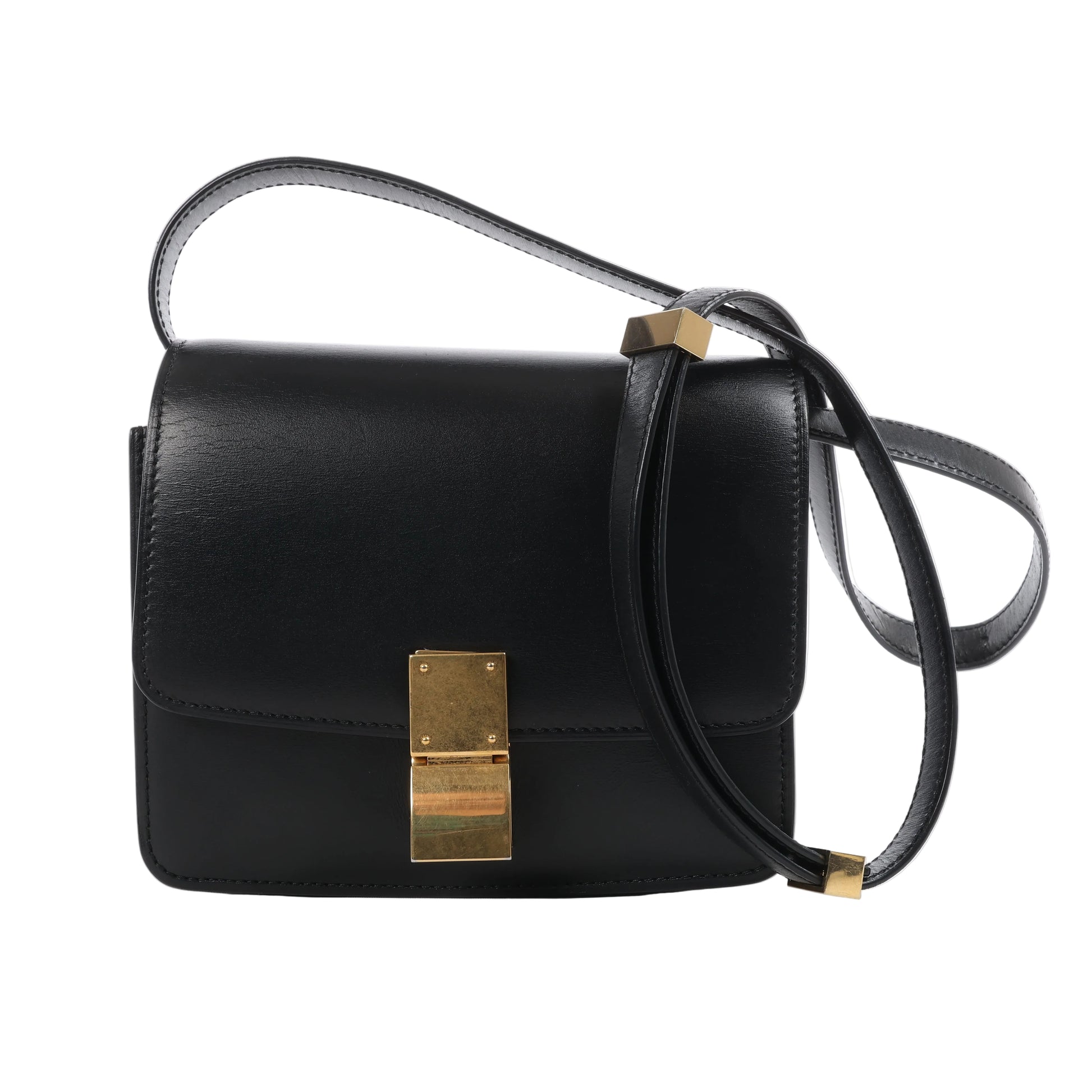 CELINE Classic Box Small crossbody bag in smooth black calfskin leather with flap closure, gold-tone push-lock clasp, and adjustable leather shoulder strap.