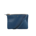 Celine Trio Small navy leather crossbody bag with gold-tone zip top, slim shoulder strap, and small logo stamp on front