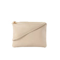Celine Trio Large beige leather crossbody bag with gold-tone zip-top closure, slim shoulder strap, and small logo stamp on front