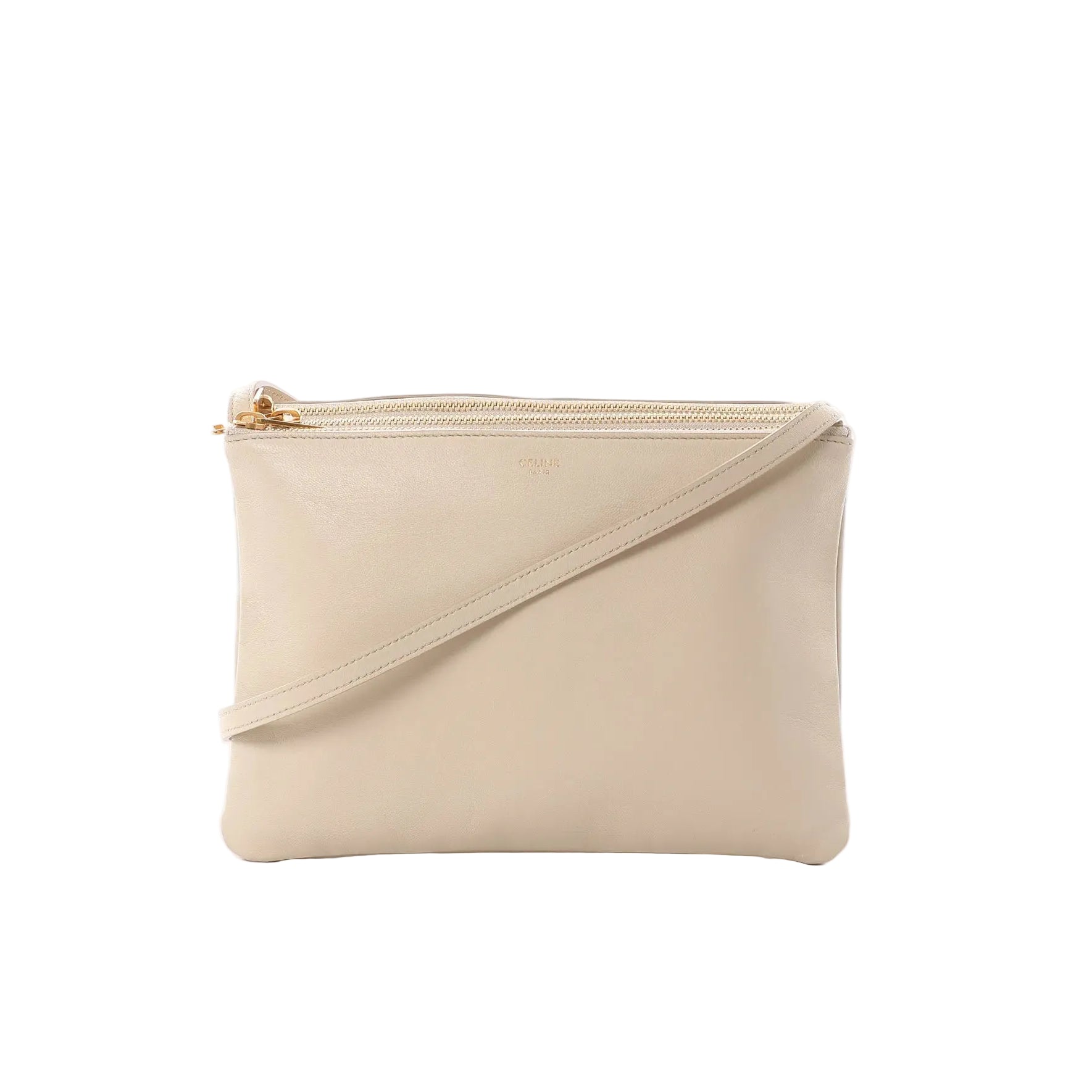 Celine Trio Large beige leather crossbody bag with gold-tone zip-top closure, slim shoulder strap, and small logo stamp on front