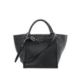 Celine Big Bag Small black grained leather handbag with top handle, belted front strap with silver buckle, winged sides, and detachable shoulder strap