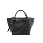 Celine Big Bag Small black grained leather handbag with top handle, belted front strap with silver buckle, winged sides, and detachable shoulder strap
