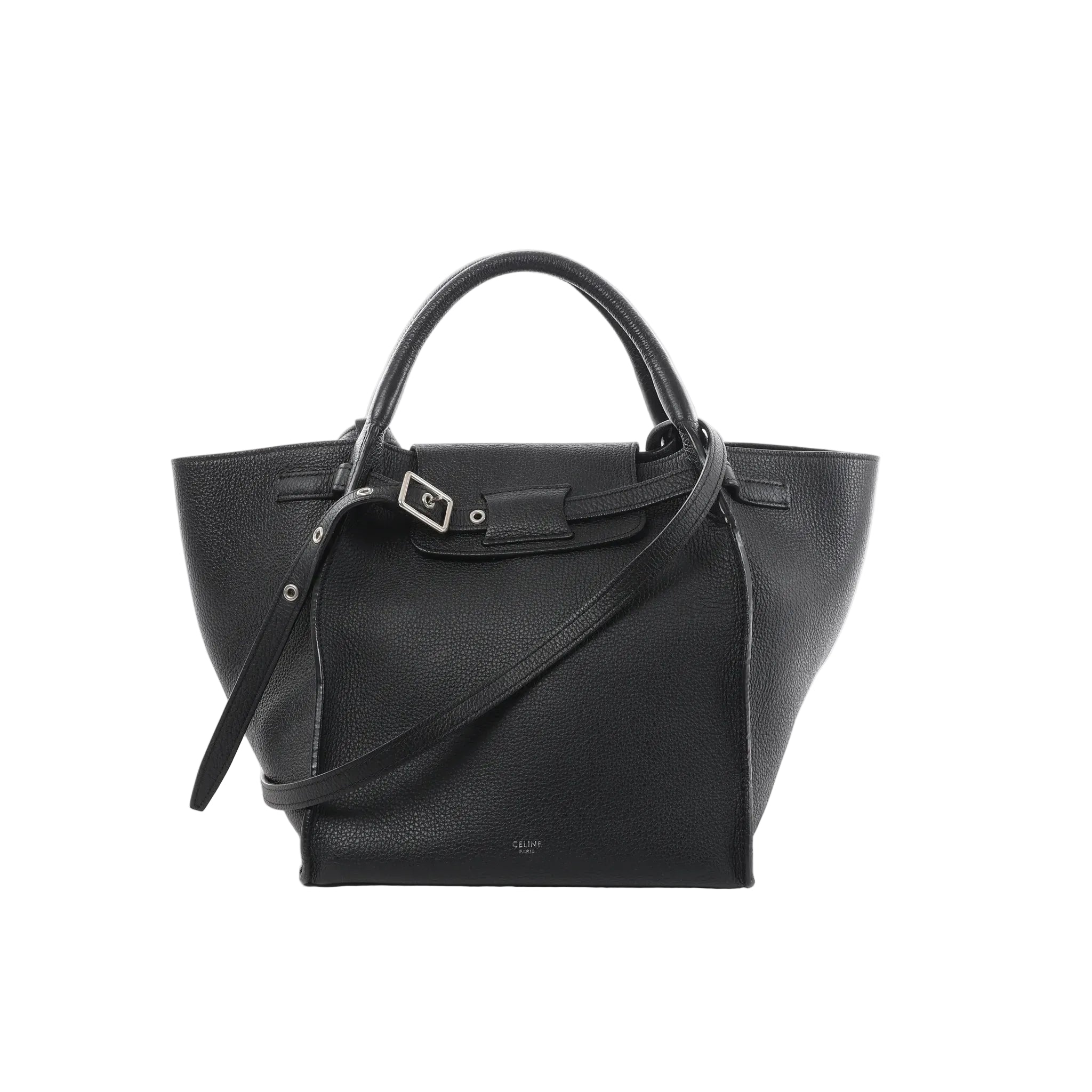 Celine Big Bag Small black grained leather handbag with top handle, belted front strap with silver buckle, winged sides, and detachable shoulder strap