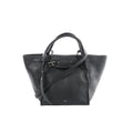 Céline Big Bag Small black grained leather tote with top handles, long shoulder strap, and front buckle strap detail, front view on white background.