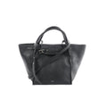 Céline Big Bag Small black grained leather tote with top handles, long shoulder strap, and front buckle strap detail, front view on white background.