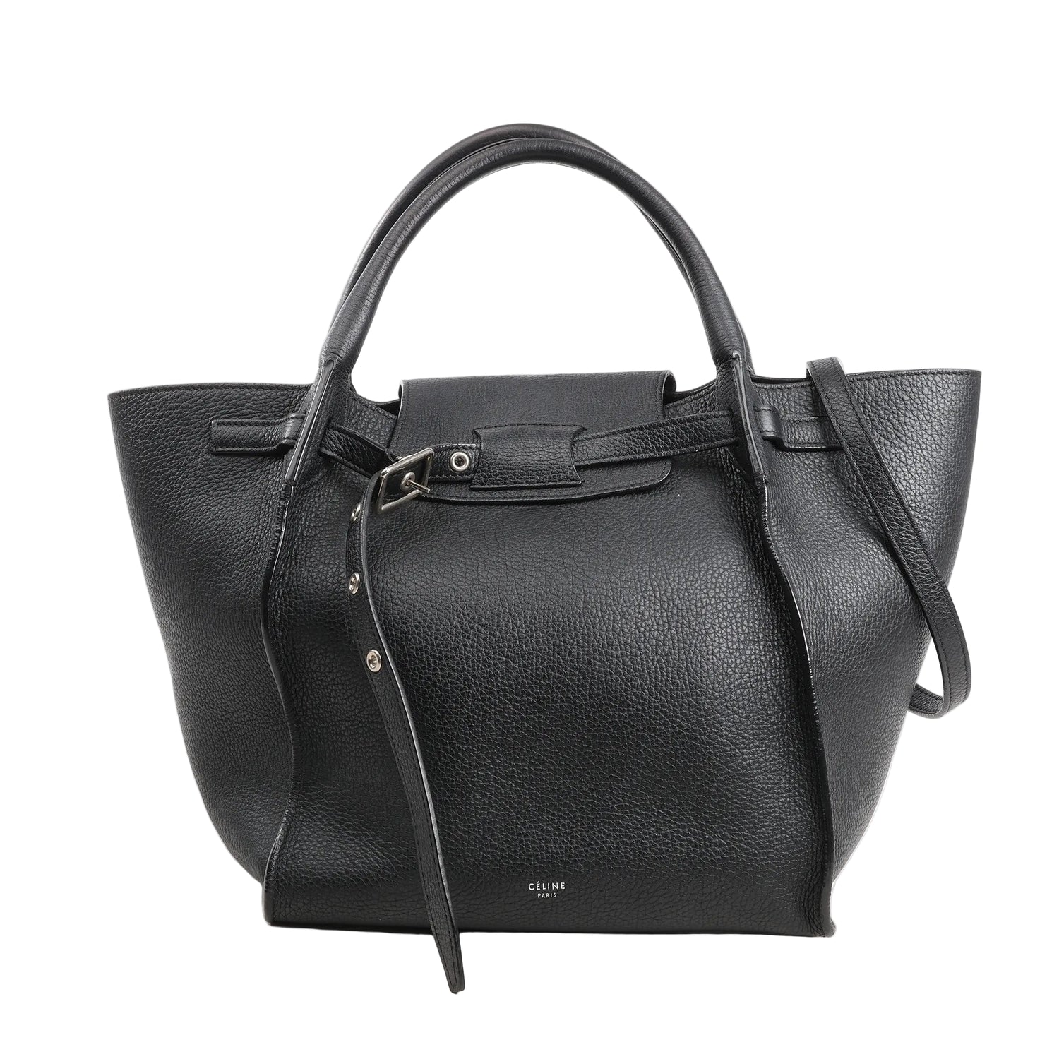 CELINE Big Bag Small 2-way handbag in black grained leather featuring top handles, a long shoulder strap, a front leather belt buckle closure, and silver-tone hardware.