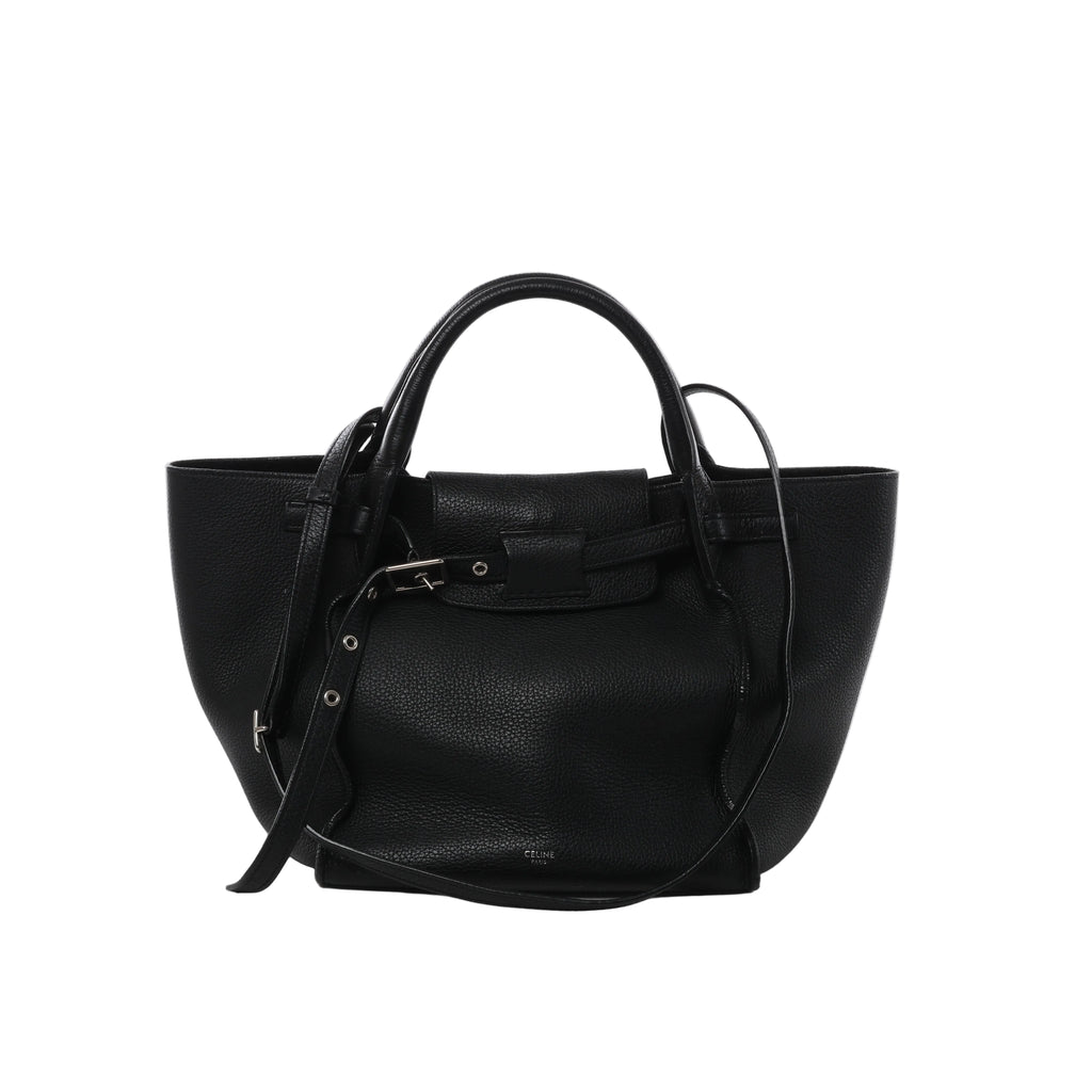 Black Celine Big Bag Small leather handbag with rounded top handles, long shoulder strap, belted front closure and silver-tone buckle hardware.