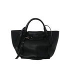 Black Celine Big Bag Small leather handbag with rounded top handles, long shoulder strap, belted front closure and silver-tone buckle hardware.
