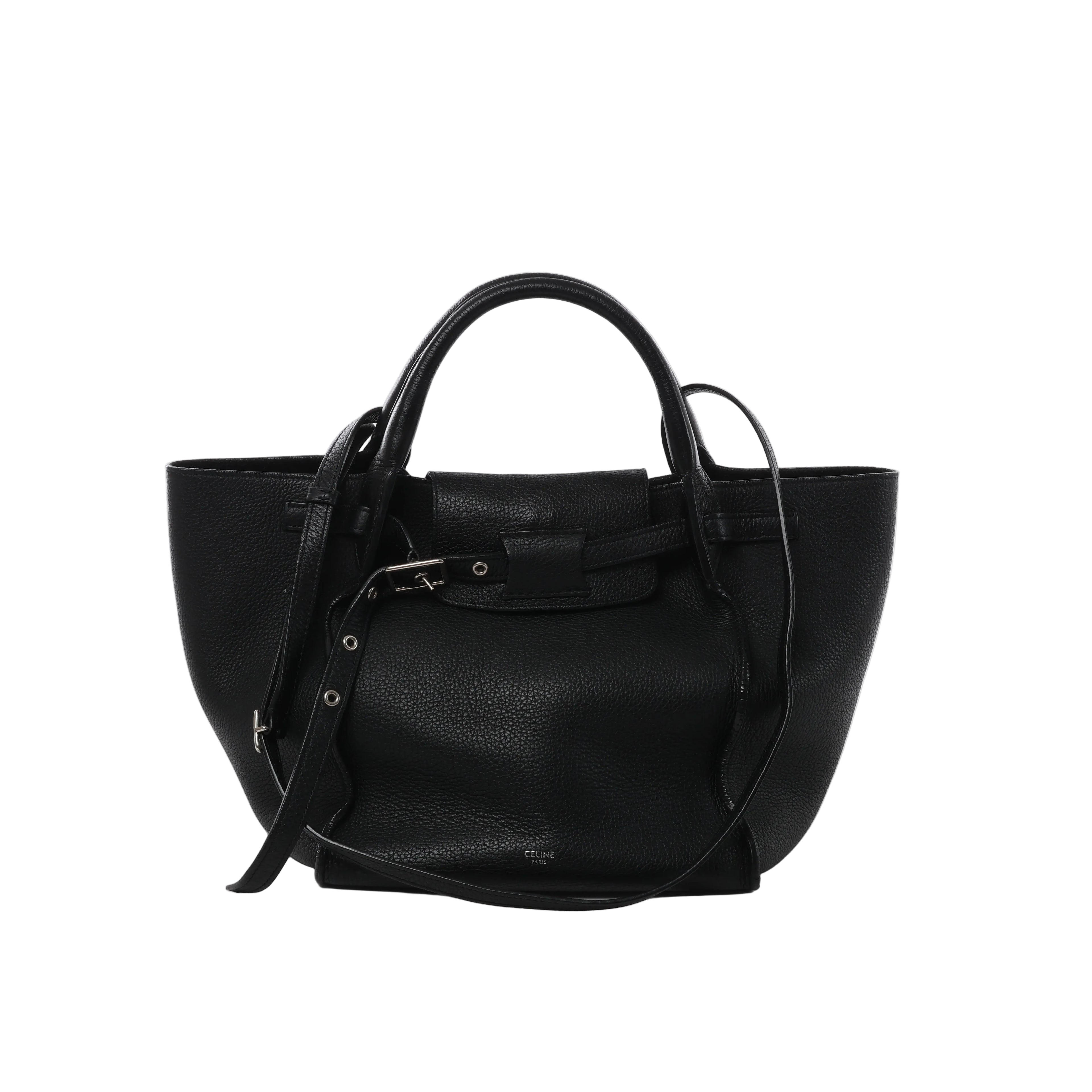 Black Celine Big Bag Small leather handbag with rounded top handles, long shoulder strap, belted front closure and silver-tone buckle hardware.