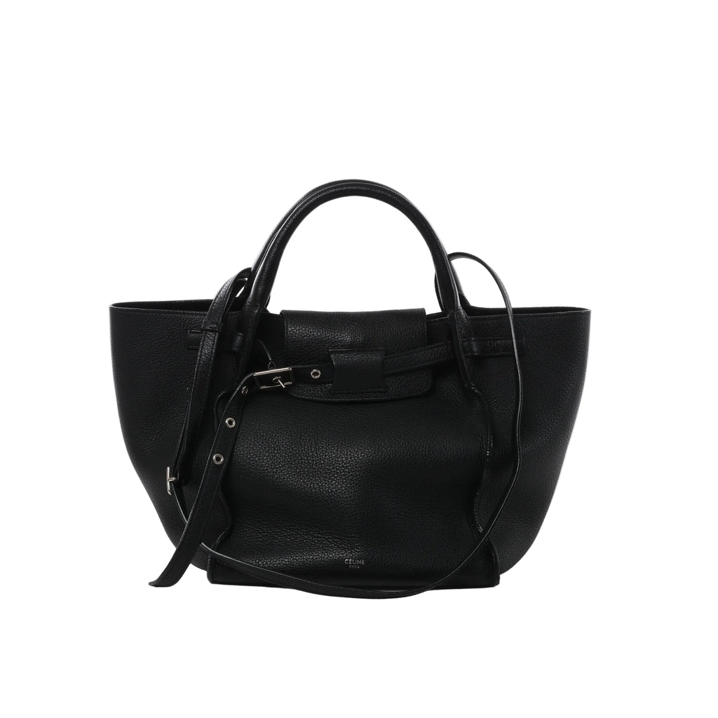 Black Celine Big Bag Small leather handbag with rounded top handles, long shoulder strap, belted front closure and silver-tone buckle hardware.