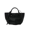 Black Celine Big Bag Small leather handbag with rounded top handles, long shoulder strap, belted front closure and silver-tone buckle hardware.