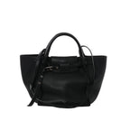 Black Celine Big Bag Small leather handbag with rounded top handles, long shoulder strap, belted front closure and silver-tone buckle hardware.