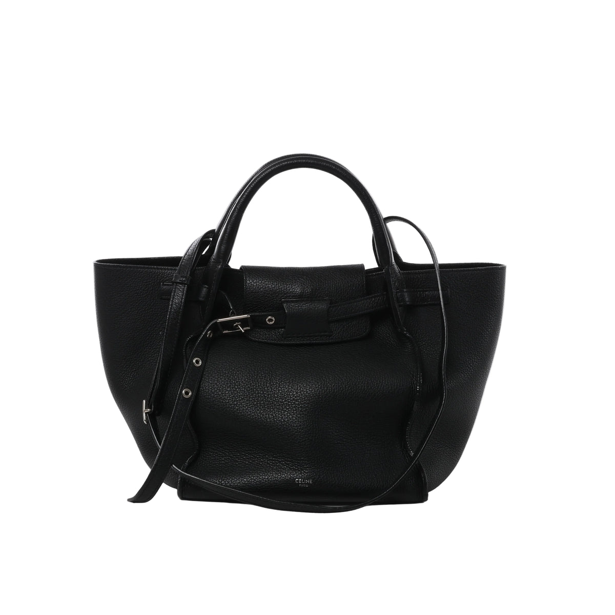 Black Celine Big Bag Small leather handbag with rounded top handles, long shoulder strap, belted front closure and silver-tone buckle hardware.