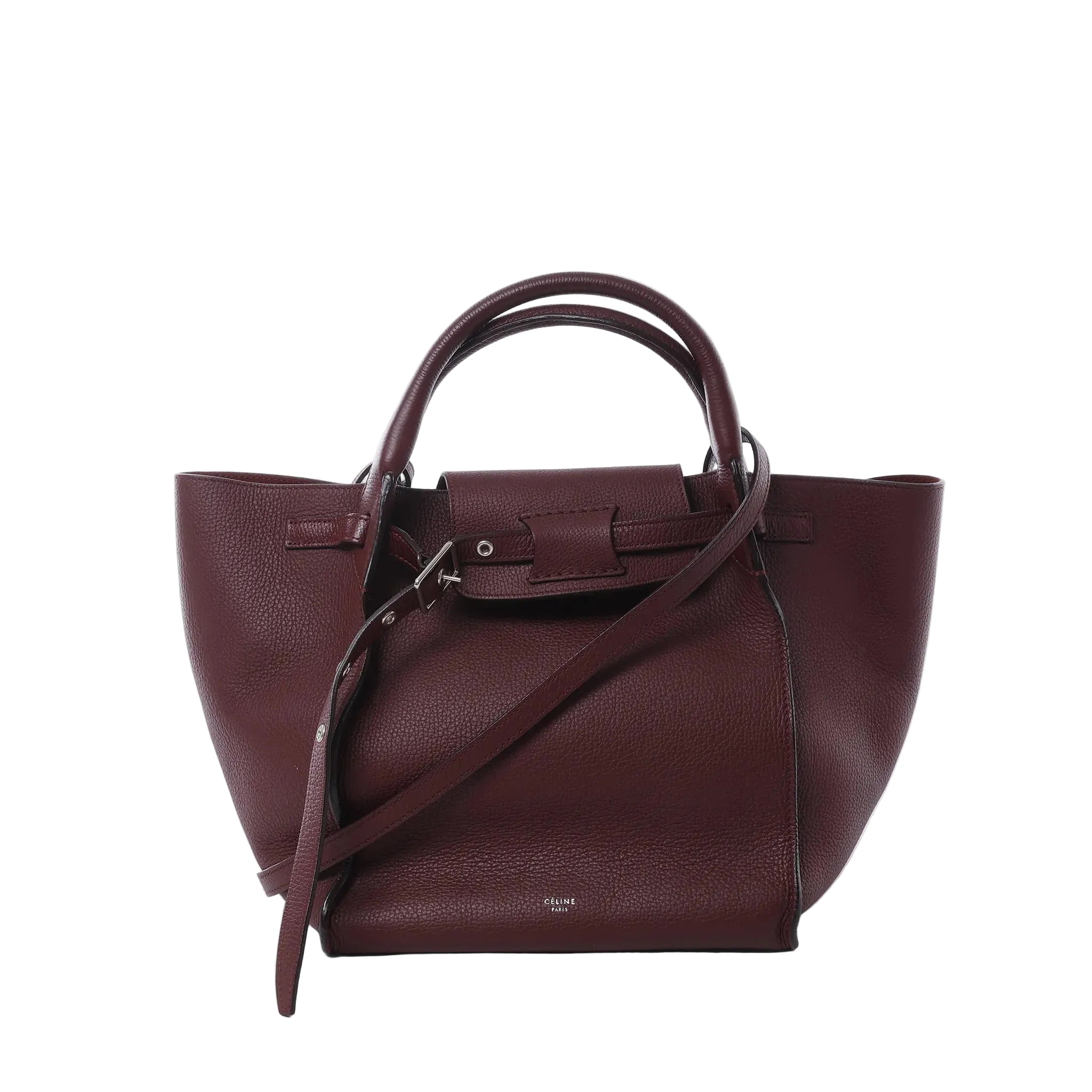 Front view of Celine Big Bag Small in burgundy grained leather with top handles, long shoulder strap, and signature belt-style closure detail.