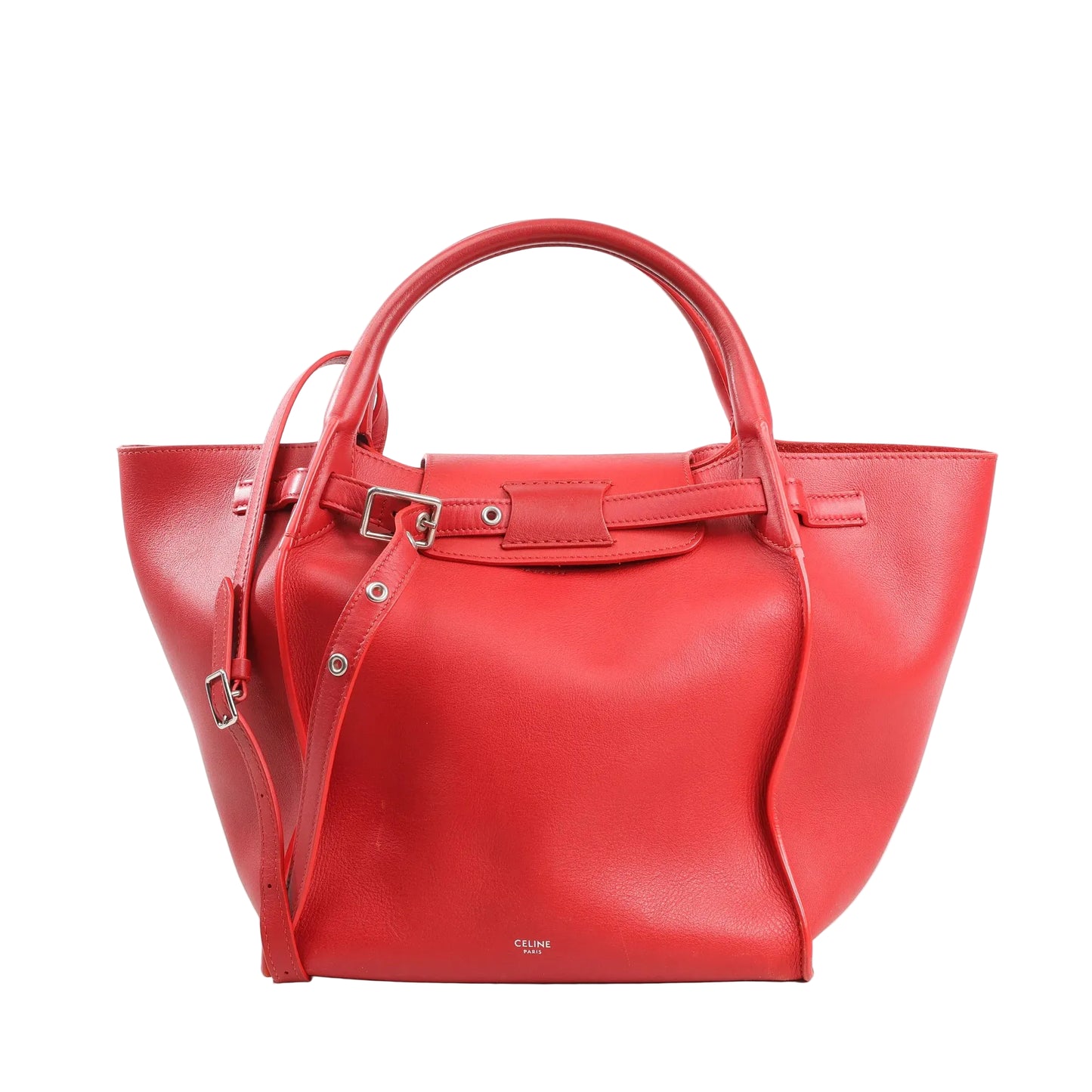 CELINE Big Bag Small 2Way Handbag in vibrant red calfskin leather, featuring a wide structured silhouette, rolled top handles, adjustable shoulder strap with silver-tone hardware, and a minimalist design with side belt detail.