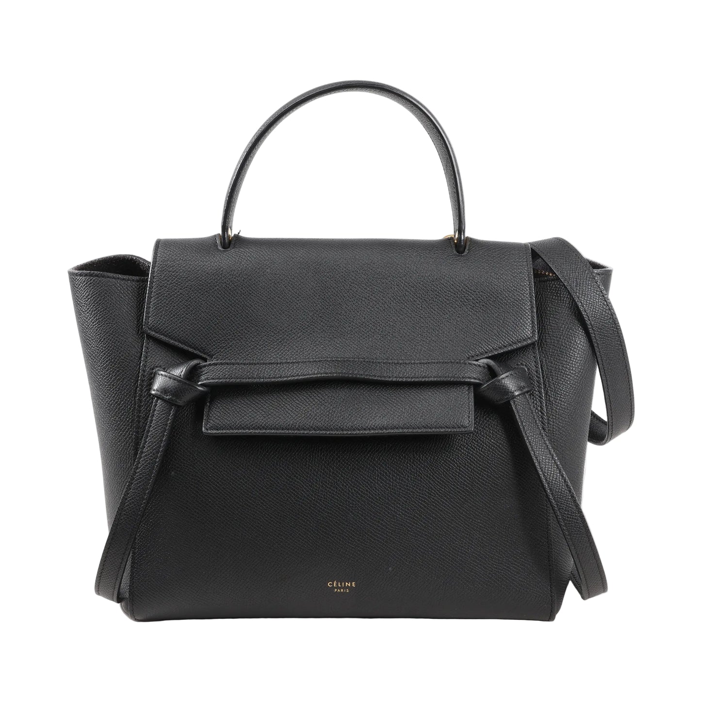 Front view of an authentic Celine Belt Bag Micro in black grained calfskin leather, featuring a top handle, front flap with signature belt detail, and detachable shoulder strap.