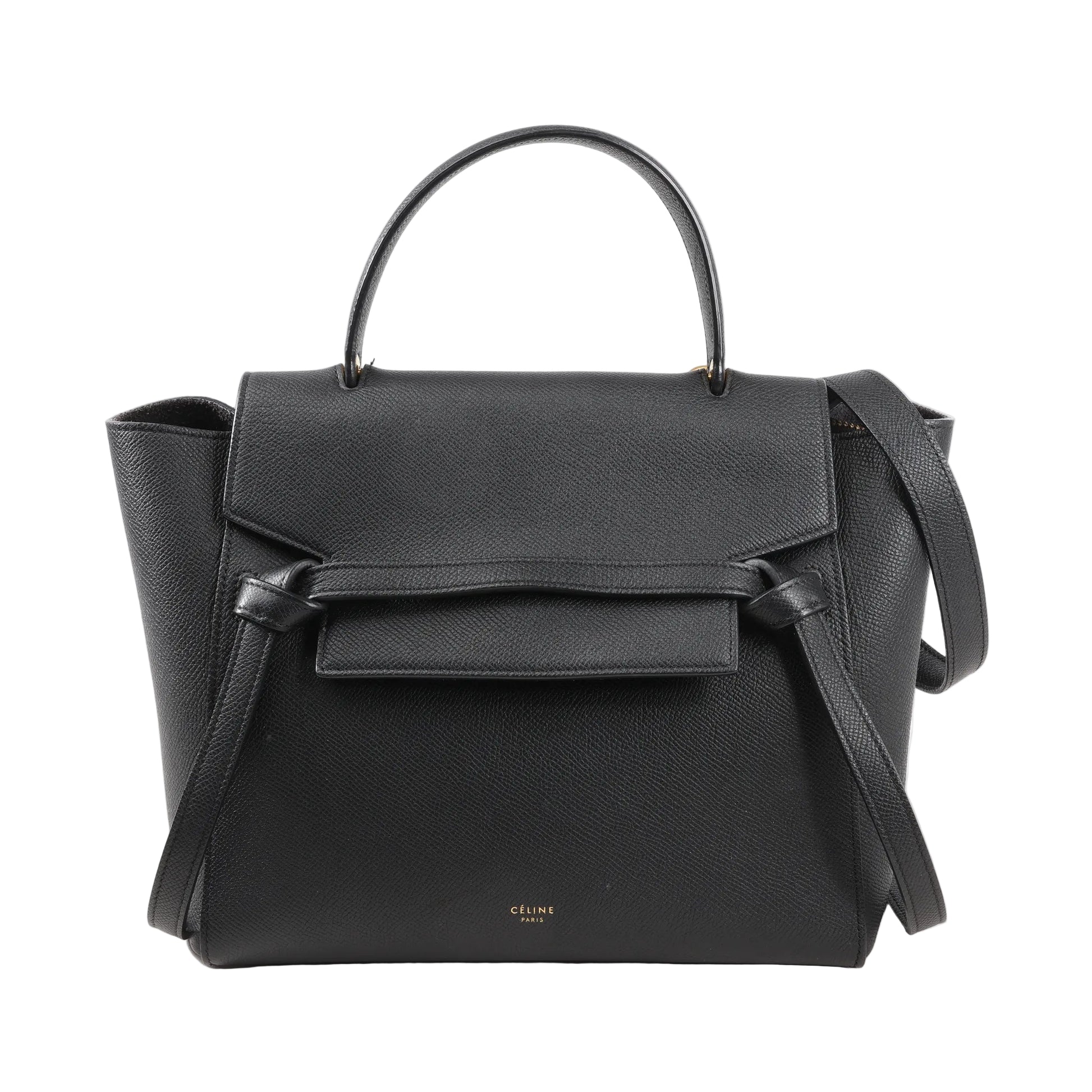 Front view of an authentic Celine Belt Bag Micro in black grained calfskin leather, featuring a top handle, front flap with signature belt detail, and detachable shoulder strap.