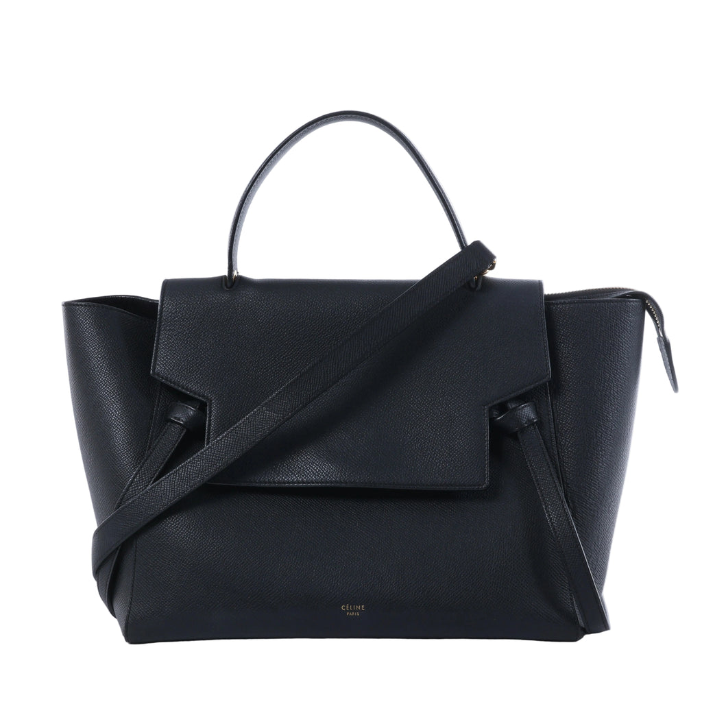 Black Celine Belt Bag Mini leather handbag with top handle, wide front flap, detachable shoulder strap and gold-tone hardware.