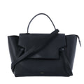 Black Celine Belt Bag Mini leather handbag with top handle, wide front flap, detachable shoulder strap and gold-tone hardware.