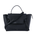 Black Celine Belt Bag Mini leather handbag with top handle, wide front flap, detachable shoulder strap and gold-tone hardware.