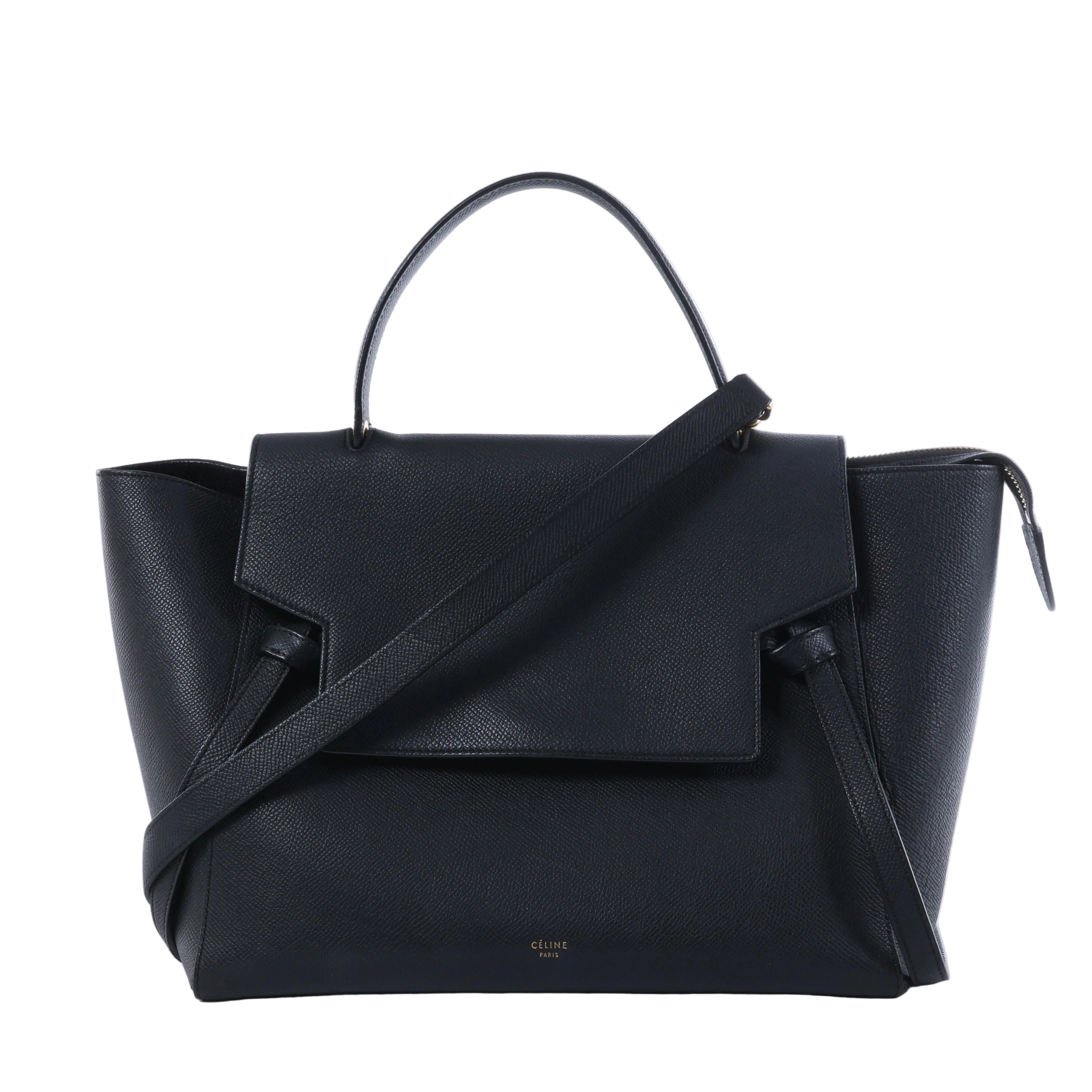 Black Celine Belt Bag Mini leather handbag with top handle, wide front flap, detachable shoulder strap and gold-tone hardware.