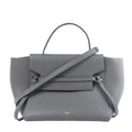 Celine Mini Belt Bag in grey leather with winged sides, belted front detail, top handle, shoulder strap and gold-tone hardware.