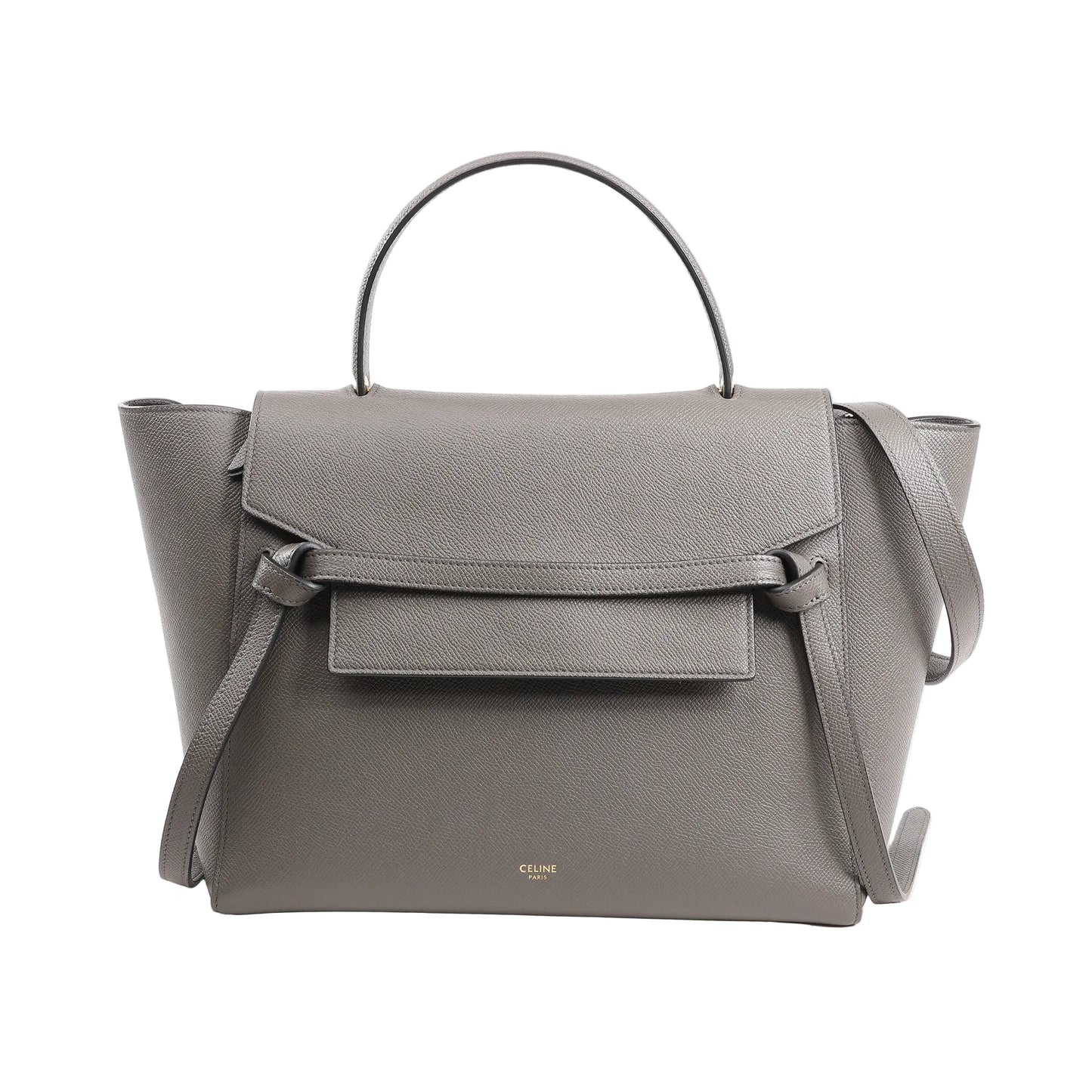 Front view of a Celine Belt Bag Mini in gray grained leather featuring a structured silhouette, front flap with belt detail, top handle, and detachable shoulder strap.