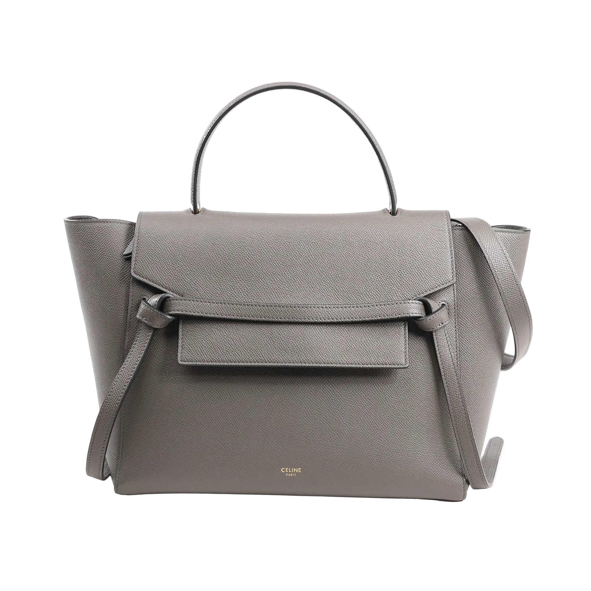 Front view of a Celine Belt Bag Mini in gray grained leather featuring a structured silhouette, front flap with belt detail, top handle, and detachable shoulder strap.
