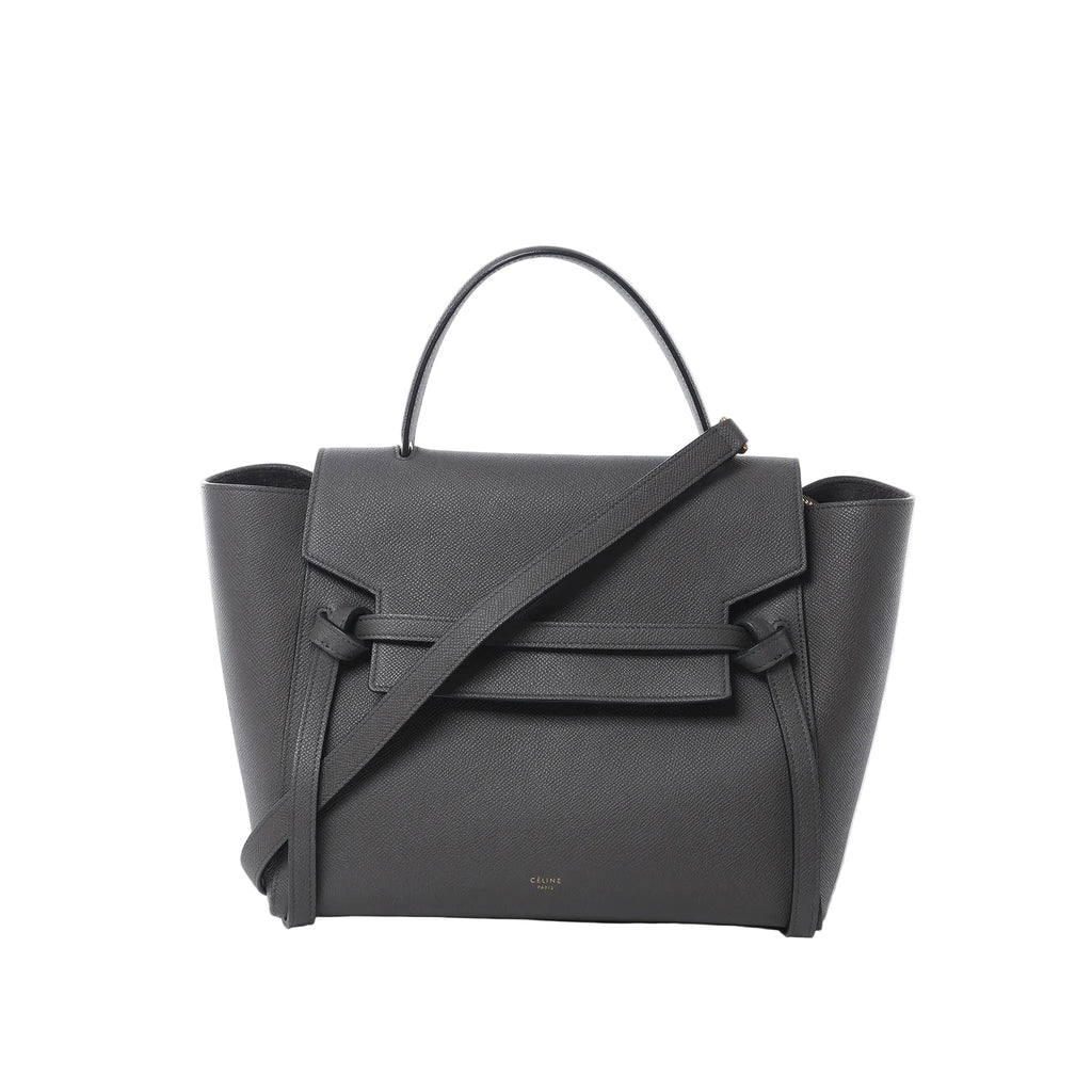 Celine Belt Bag Mini in gray grained leather with top handle, front flap and belt strap detail, and detachable shoulder strap on white background.