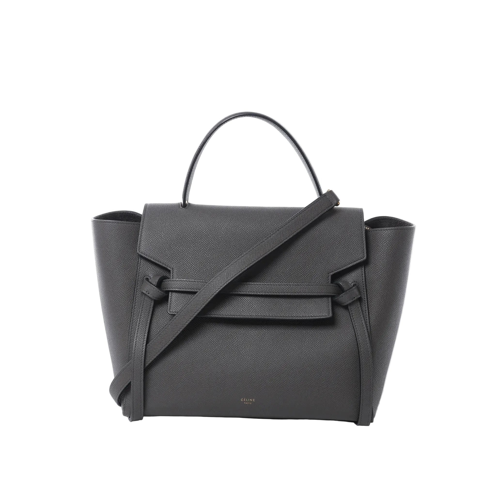 Celine Belt Bag Mini in gray grained leather with top handle, front flap and belt strap detail, and detachable shoulder strap on white background.