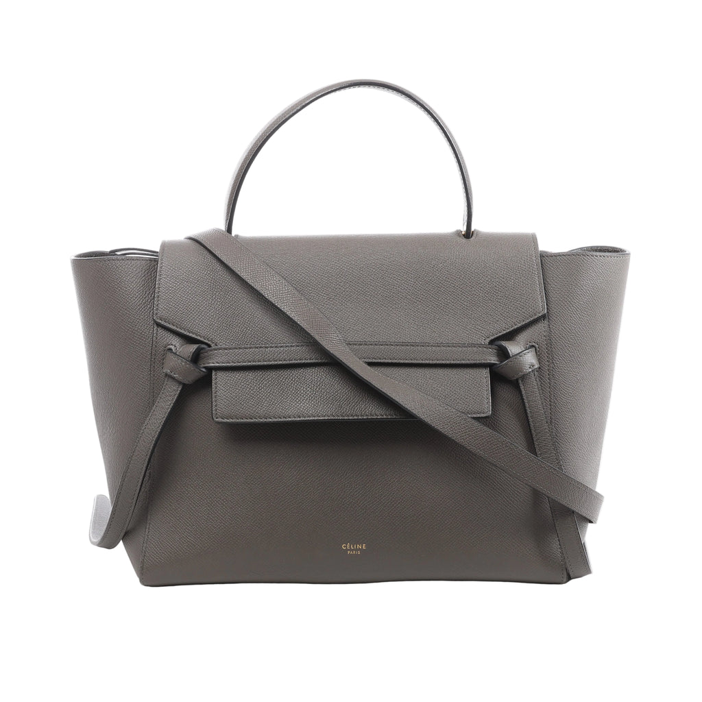 Gray Celine Mini Belt Bag with textured leather, single top handle, long shoulder strap, structured winged sides and front flap tie detail.