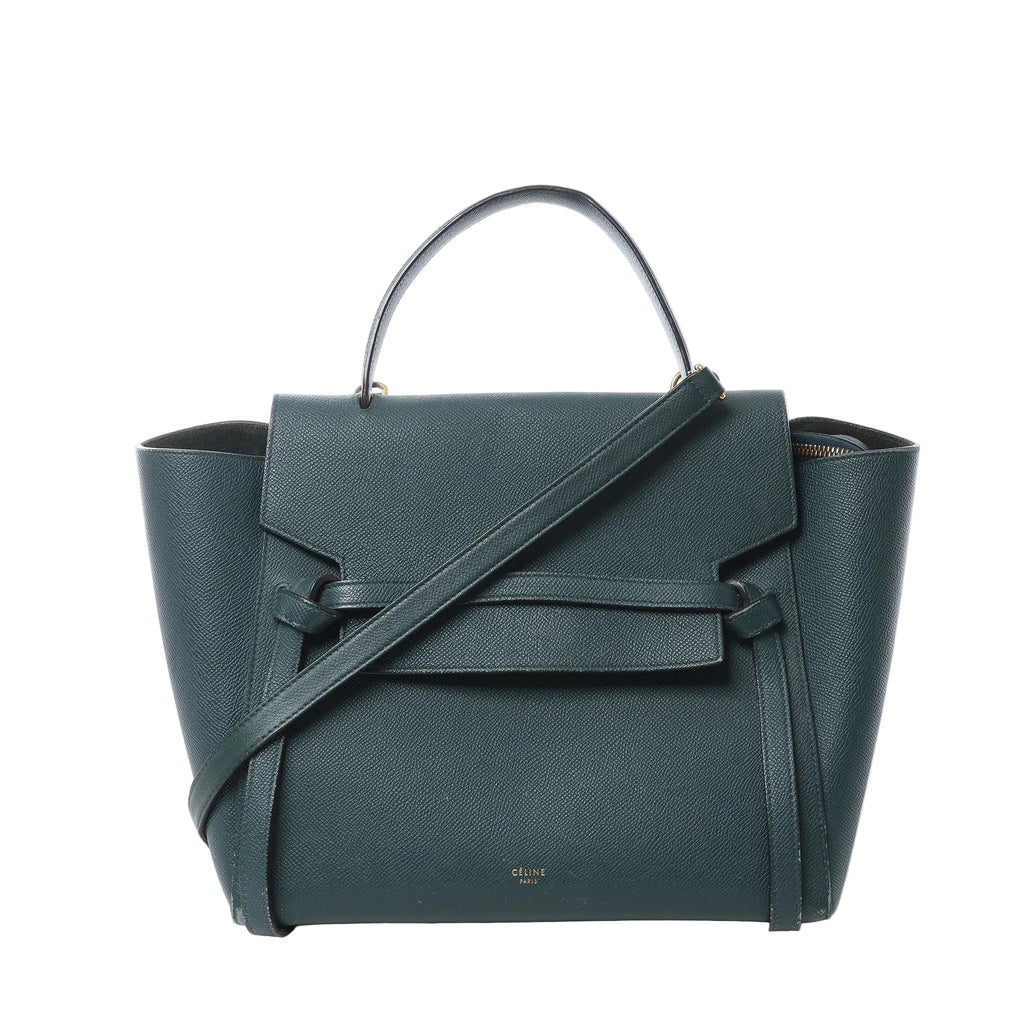 Front view of Celine Belt Bag Mini in green grained leather with top handle, long shoulder strap, flap closure with belt detail, and small gold “CELINE PARIS” logo.