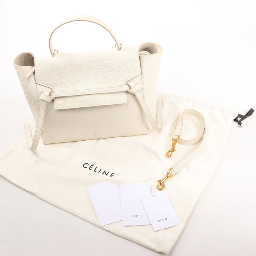 CELINE Belt Bag Grained Leather Mini 2Way Handbag in White