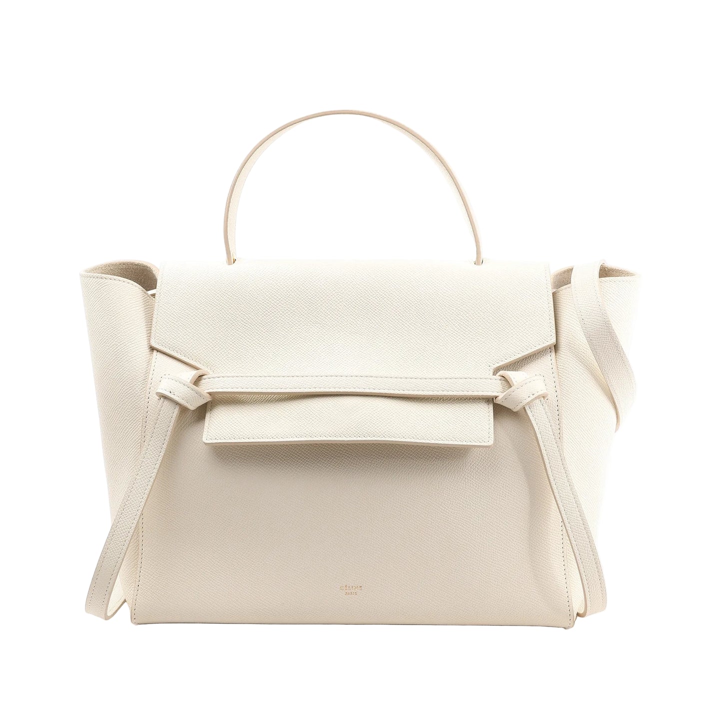 CELINE Belt Bag Mini in white grained leather, featuring a structured silhouette with top handle, front flap, and signature knotted belt detail, along with a detachable shoulder strap, set against a white background.