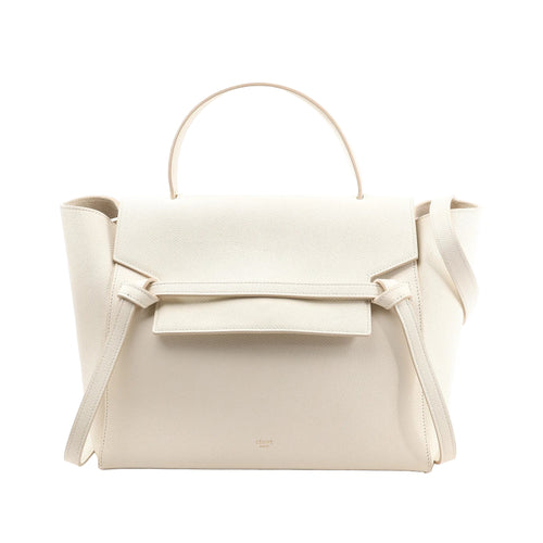 CELINE Belt Bag Mini in white grained leather, featuring a structured silhouette with top handle, front flap, and signature knotted belt detail, along with a detachable shoulder strap, set against a white background.