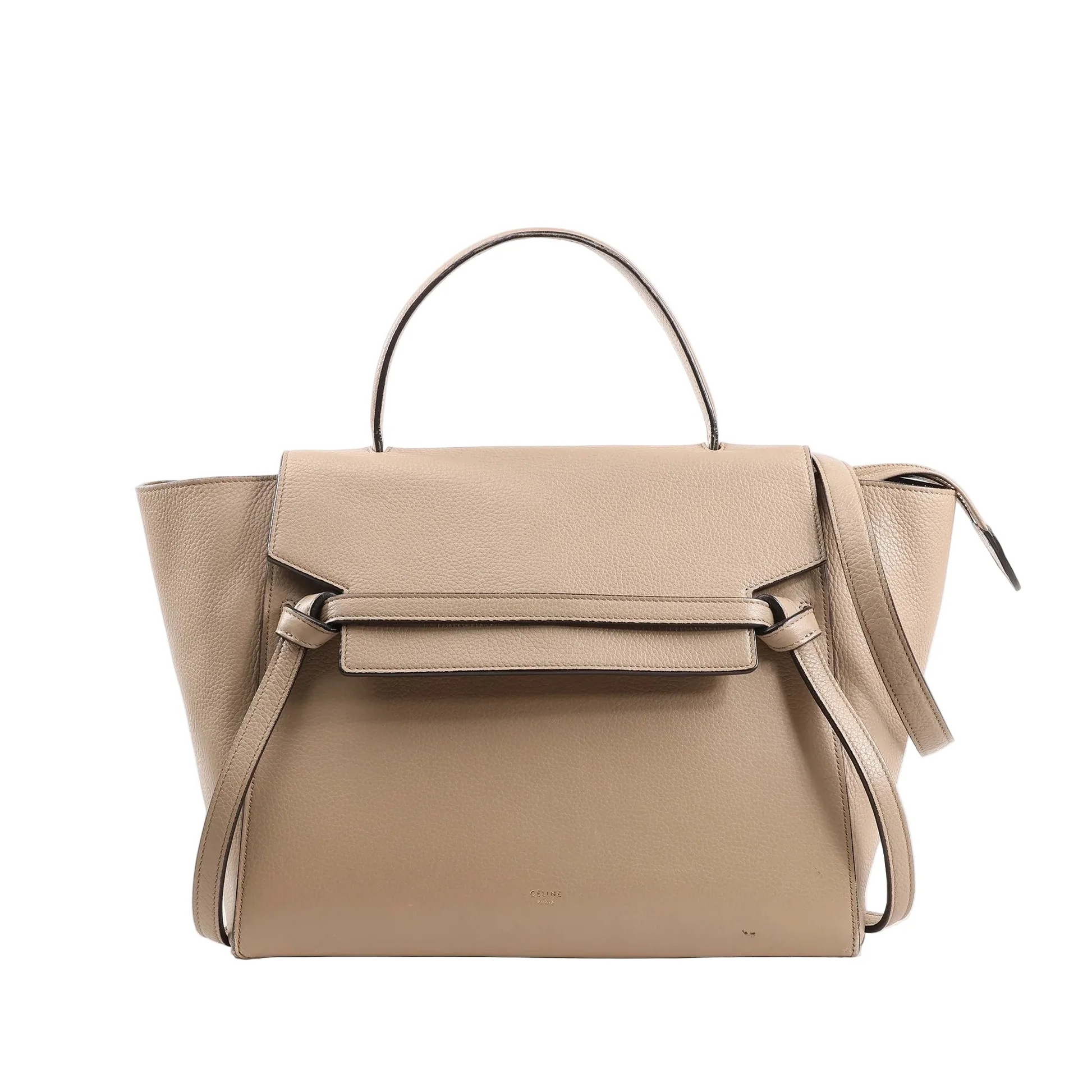 CELINE Belt Bag Mini in beige grained leather, showcasing a structured design with a top handle, signature knotted front belt detail, winged sides, and a detachable shoulder strap, photographed against a white background.