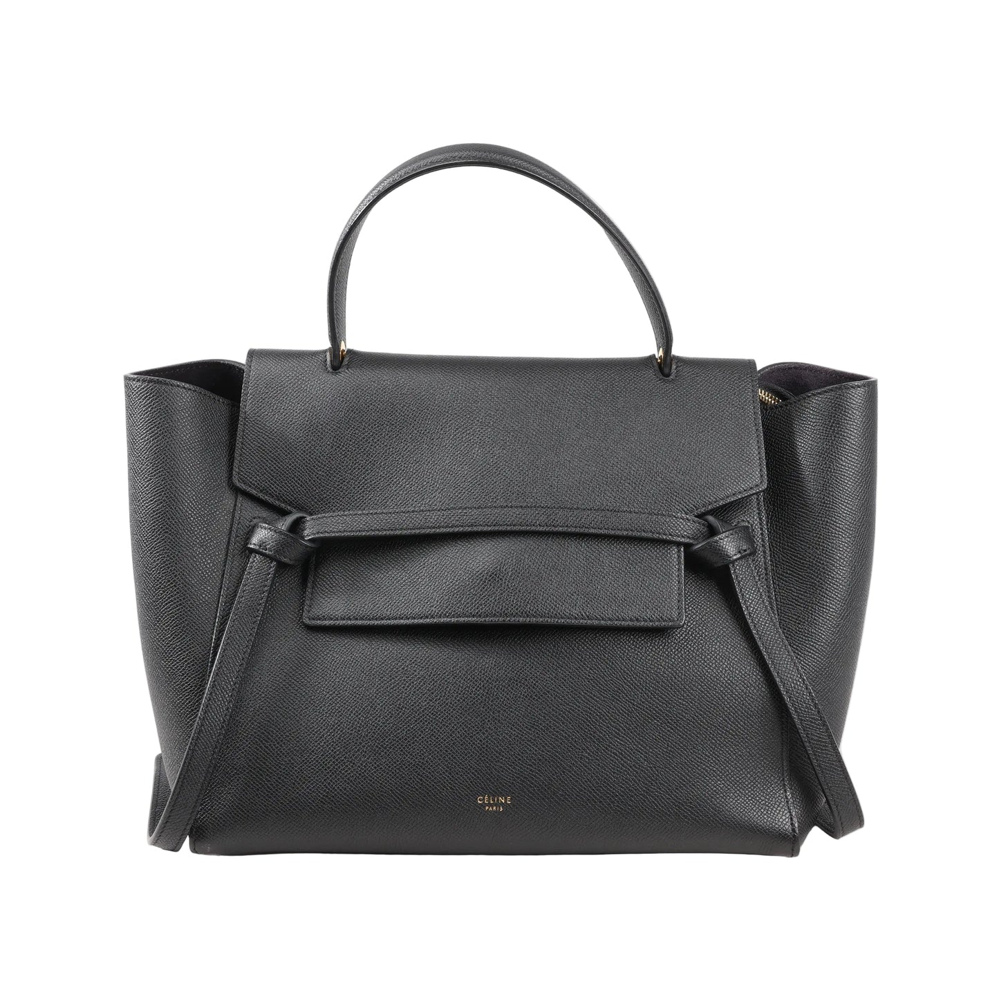 Front view of a Celine Belt Bag Mini in black grained leather featuring a top handle, flap closure with signature belt detail, and side wings, with a detachable shoulder strap for 2-way use.
