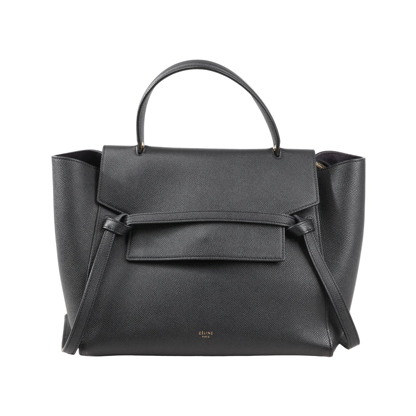 Front view of a Celine Belt Bag Mini in black grained leather featuring a top handle, flap closure with signature belt detail, and side wings, with a detachable shoulder strap for 2-way use.